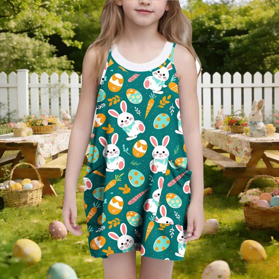 ATOGUTA Girls Dress Casual Summer Spaghetti Straps Easter Romper Dresses with Pockets for Kid Size 3T-10. Multicolor