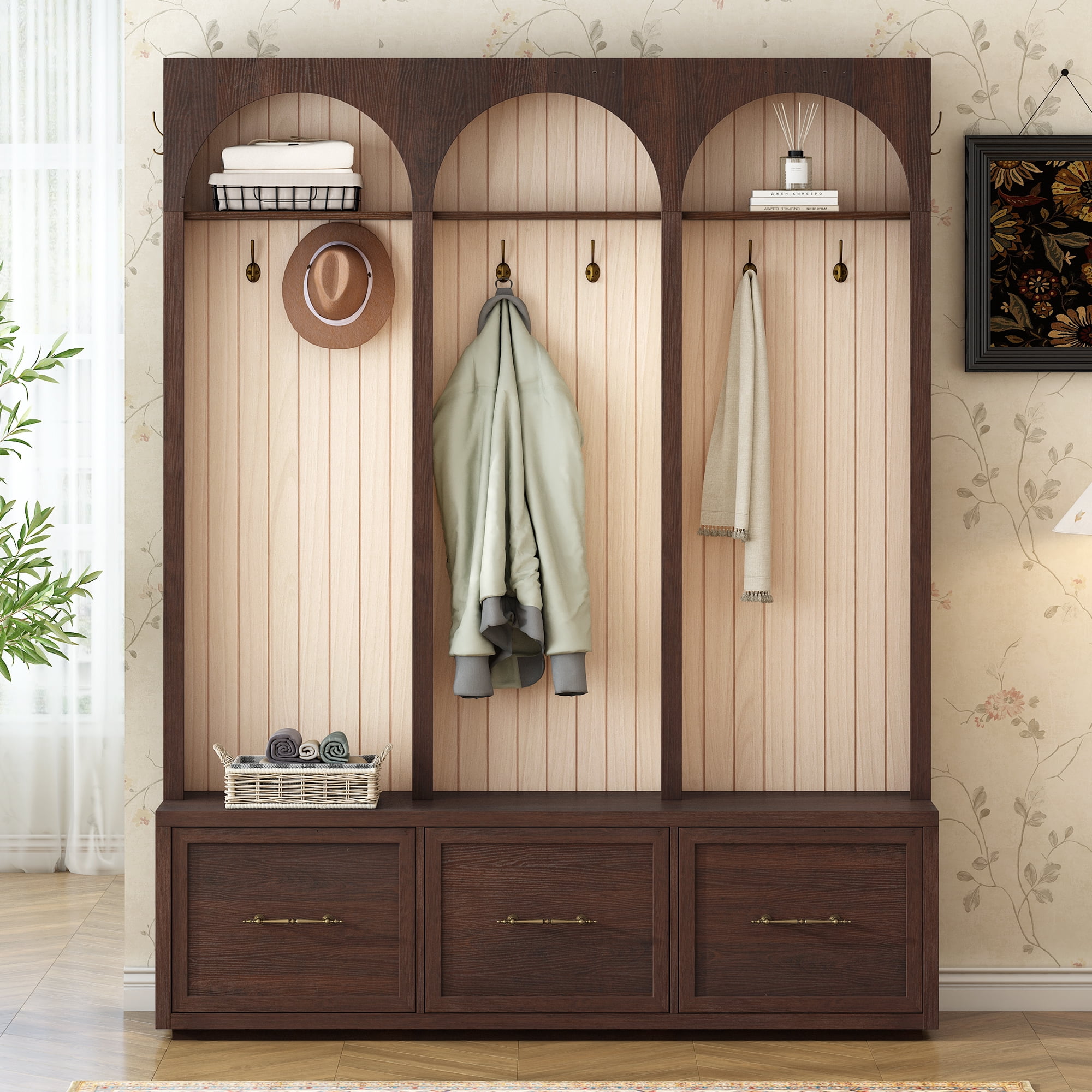 Euroco Farmhouse Wooden Style Hall Tree with Arched Design, Elegant 59" Wide Entryway Bench with 8 Retro Hooks, Rustic Coat Rack & Shoe Organizer with 3 Drawers for Mudroom, Living Room, Dark Walnut