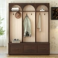 thumbnail image 2 of Farmhouse Wooden Style Hall Tree with Arched Design, Elegant 59" Wide Entryway Bench with 8 Retro Hooks, Rustic Coat Rack & Shoe Organizer with 3 Drawers for Living Room, 74.8"H, 2 of 8
