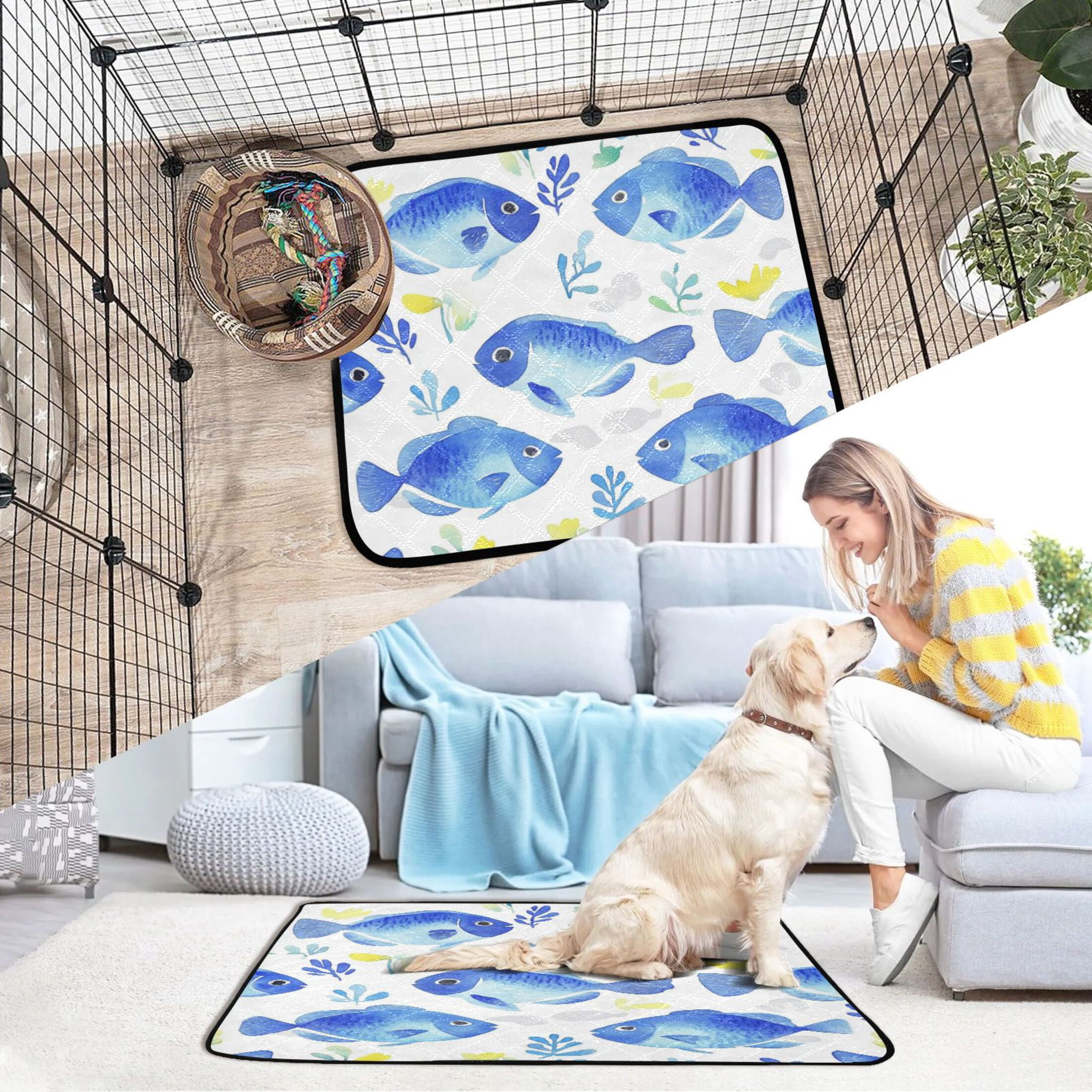 Washable Pet Pee Pads with Super Absorbent Reusable Training Pads for Dogs & Cats Watercolor Blue Fish