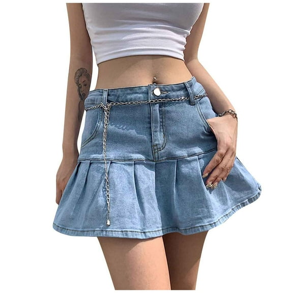 Fgnfyis Women Skirts High Waist Pleated Skirts Zipper Mini Skirts Streetwear Skirt Denim Ruffle Hem Stretch Light blue L
