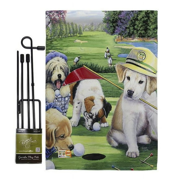 Breeze Decor BD-PT-GS-110082-IP-BO-D-US16-AL 13 x 18.5 in. Golfing Puppies Nature Pets Vertical Double Sided Mini Garden Flag Set with Banner Pole