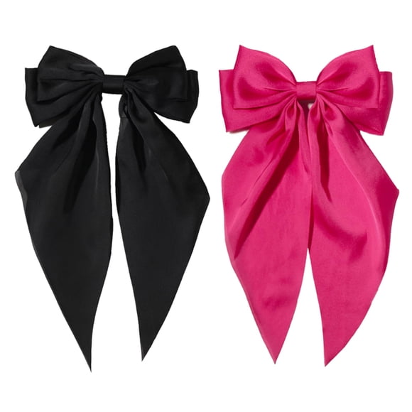 Pinzas para el pelo con pompones enrollables para mujer, clip de lazo grande para niñas, colas largas de satén con pinzas de cocodrilo, 2 piezas de accesorios para el cabello con lazo grande (negro ro