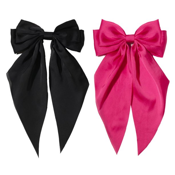 Pinzas para el pelo con pompones enrollables para mujer, clip de lazo grande para niñas, colas largas de satén con pinzas de cocodrilo, 2 piezas de accesorios para el cabello con lazo grande (negro ro
