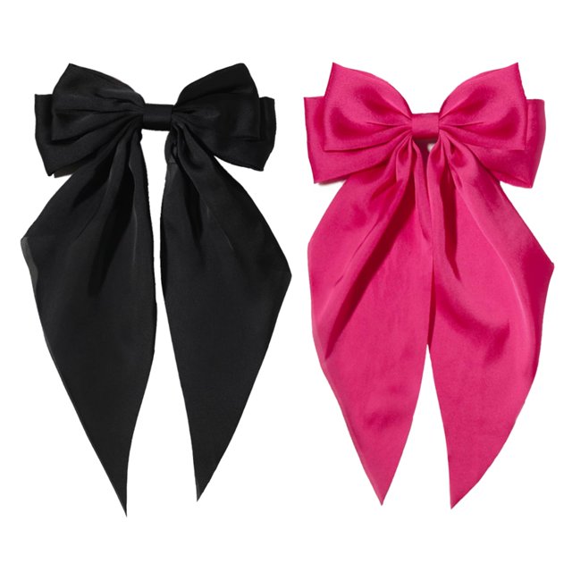 Pinzas para el pelo con pompones enrollables para mujer, clip de lazo grande para niñas, colas largas de satén con pinzas de cocodrilo, 2 piezas de accesorios para el cabello con lazo grande (negro ro