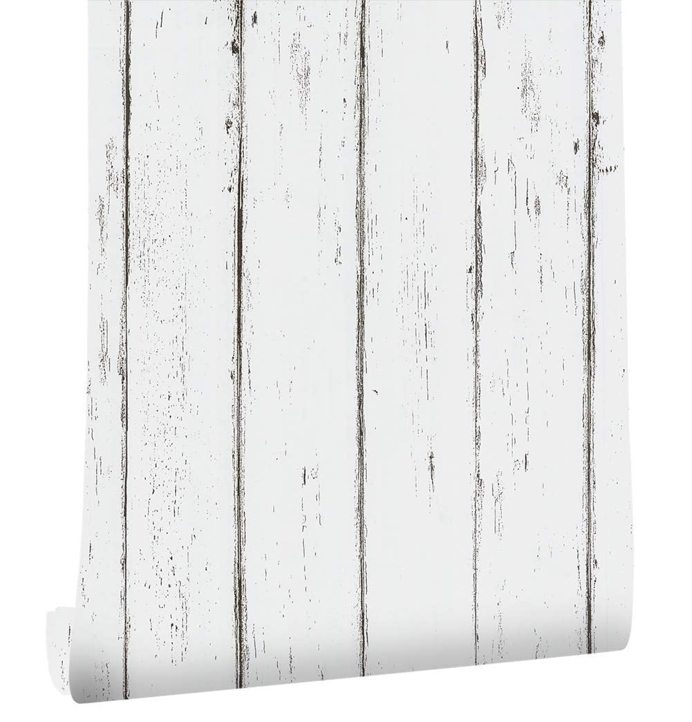 Haokhome Vintage Distressed White Maple Wood Grain Peel and Stick Wall Decor Wallpaper, 17.7in. x 9.8 ft. (Contact paper)