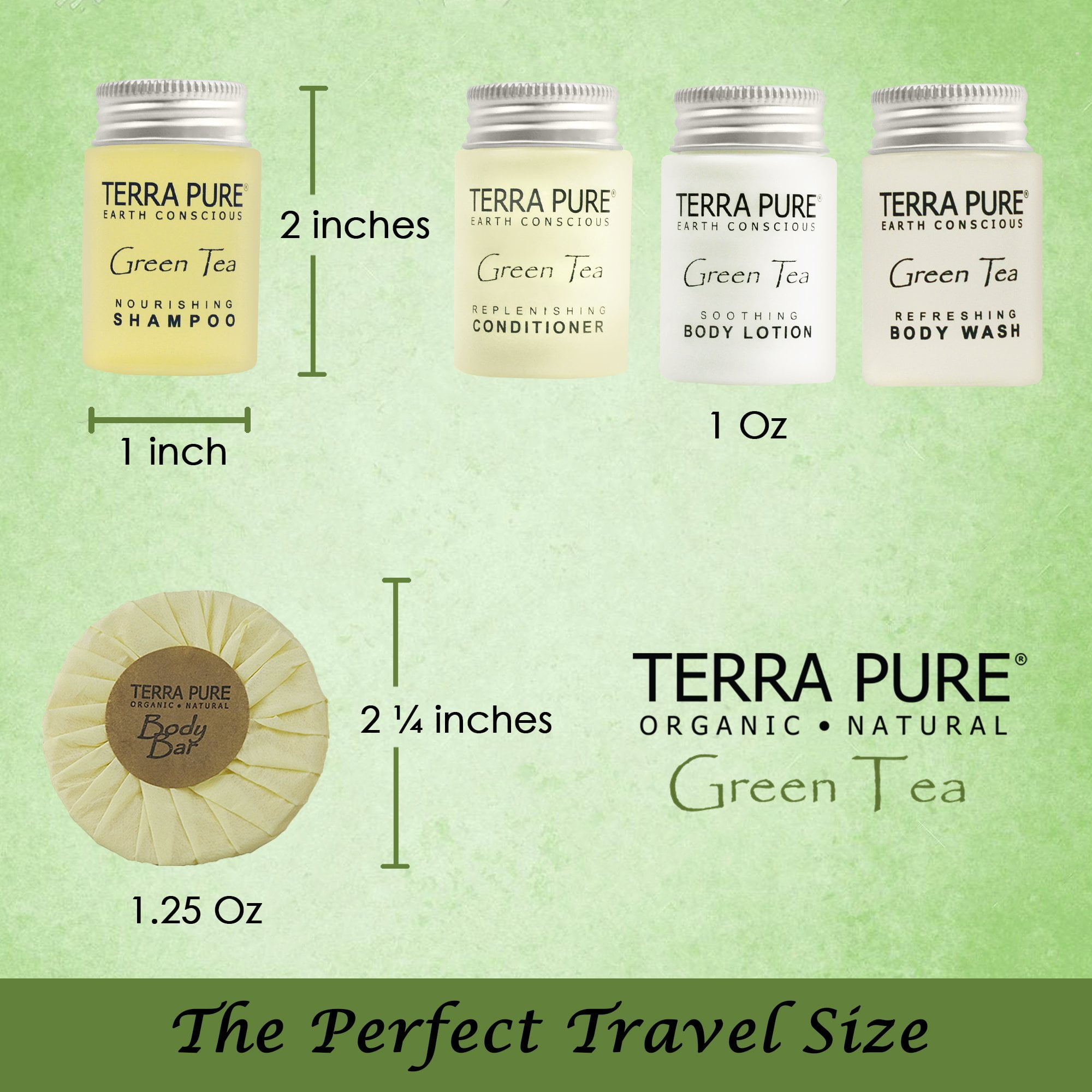 Terra Pure Hotel Soaps and Toiletries Bulk Set | 1-Shoppe All-In-Kit Amenities for Hotels | 1oz Hotel Shampoo & Conditioner, Body Wash, Body Lotion & 1.25oz Bar Soap Travel Size | 300 Pieces