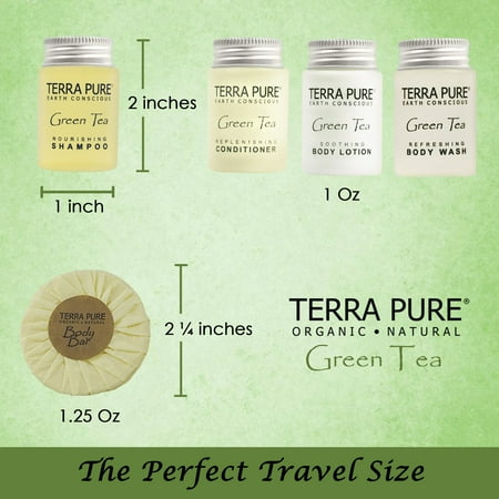 Terra Pure Hotel Soaps and Toiletries Bulk Set | 1-Shoppe All-In-Kit Amenities for Hotels | 1oz Hotel Shampoo & Conditioner, Body Wash, Body Lotion & 1.25oz Bar Soap Travel Size | Pieces