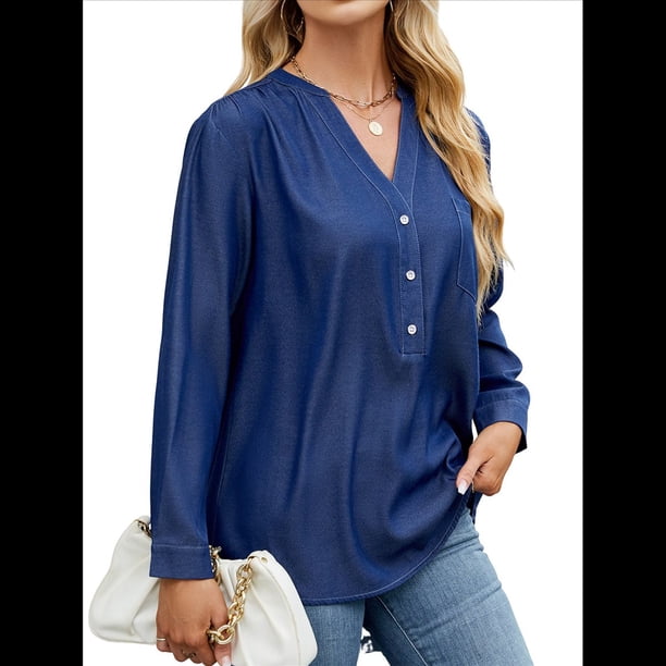 Blusas Tipo Túnica Informales Holgadas con Cuello en V y Larga para Mujer con Bolsillo Azul Oscuro XXL