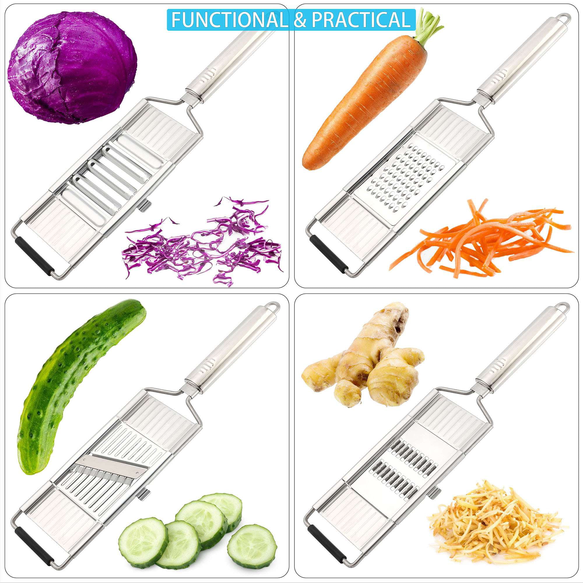 Suuker Multi-Purpose Vegetable Slicer Set,Stainless Steel Cheese Grater & Vegetable Chopper with 4 Adjustable Blades for Vegetables, Fruits,hand-held