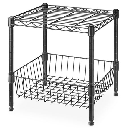 Whitmor 2 Tier Metal Storage Shelves, Heavy Duty Shelf with Basket, 350 lbs Capacity per Shelf, 700 lbs Total, Home Organizer for Kitchen, Garage, Bathroom, 15" L x 14" W x 15" H, Black