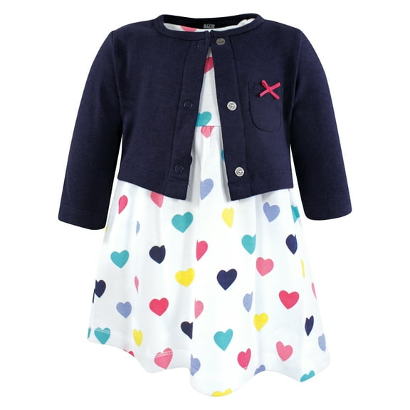 Hudson Baby Infant and Toddler Girls Cotton Dress and Cardigan Set, Navy Hearts, 0-3 Months