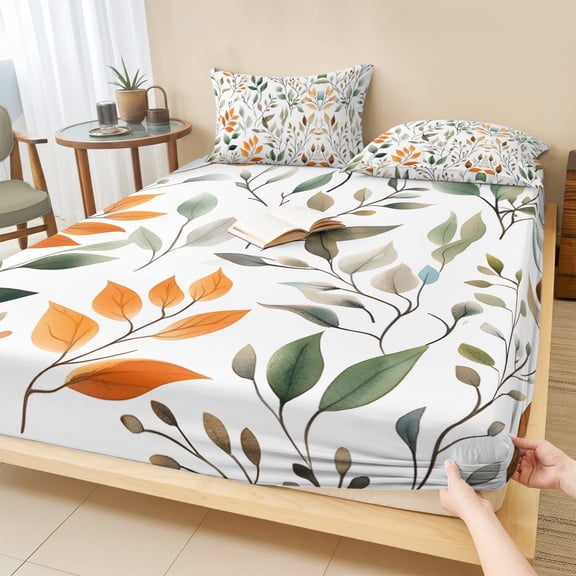 Twin XL Size Fitted Sheet Set - Green Orange Eucalyptus 2 Piece Bedding Sets 16" Deep Pocket Fitted Sheet with 1 Pillowcases, Summer Watercolor Botanical Leaf Brushed Microfiber Hotel Bed Sheets