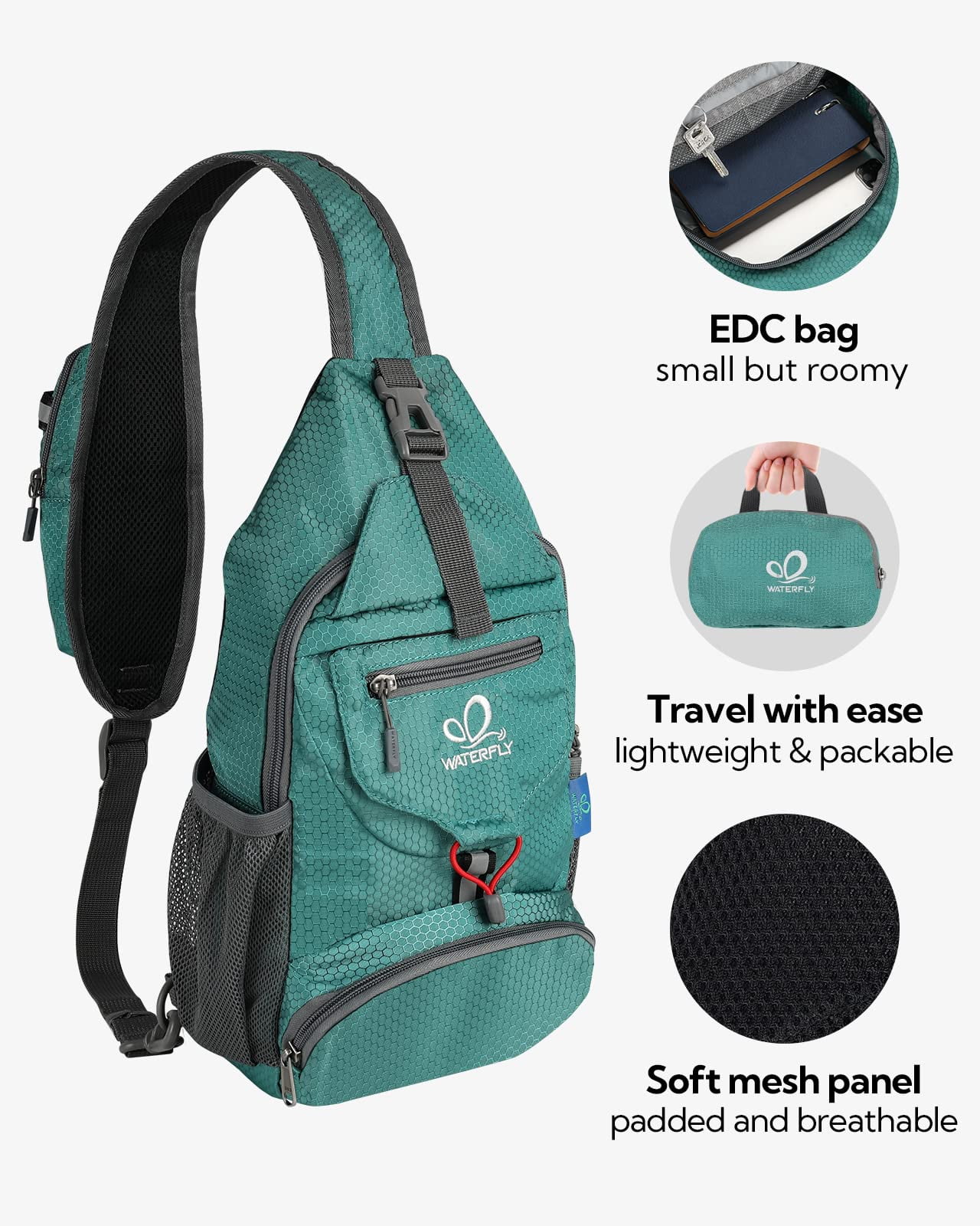 WATERFLY Unisex Small Packable Hiking Travel Sling Bag Cross-Body Shoulder Chest Bag,Green