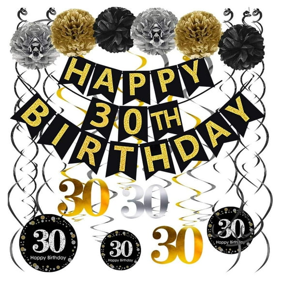 Famoby Black & Gold Glittery Happy 30Th Birthday Banner Poms Sparkling 30 Kit De Remolinos Colgantes Para Fiesta De 30 Cumpleaños Suministros De Decoración De 30 Aniversario