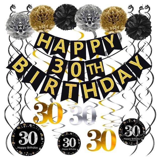 Famoby Black & Gold Glittery Happy 30Th Birthday Banner Poms Sparkling 30 Kit De Remolinos Colgantes Para Fiesta De 30 Cumpleaños Suministros De Decoración De 30 Aniversario