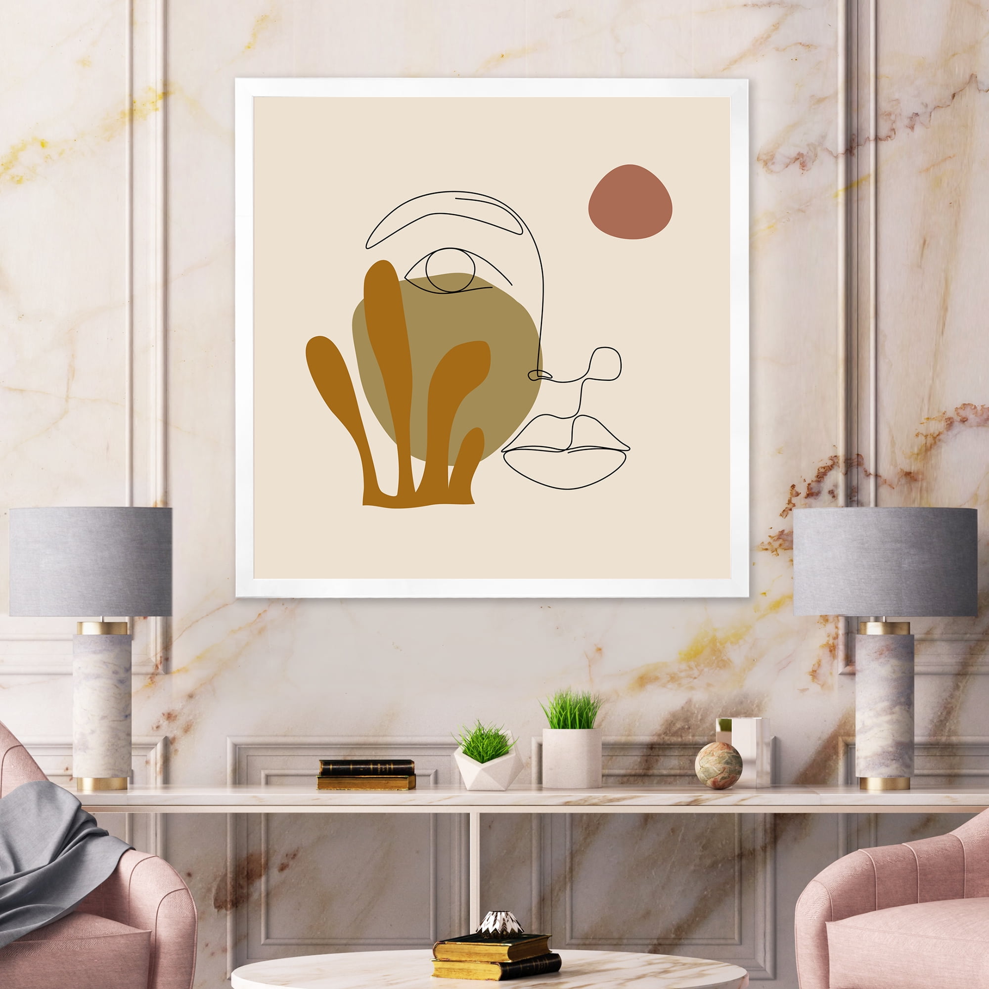 Designart 'One Line Art Portrait of Female In Terracotta Tones' Modern Framed Art Print
