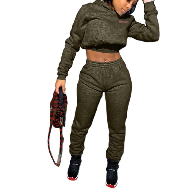 EYIIYE Womens 2 Piece Outfits Tracksuits Hooded Crop Top Sweatshirt + Sweatpants Body Letter Printed Fall Winter Sweatsuits