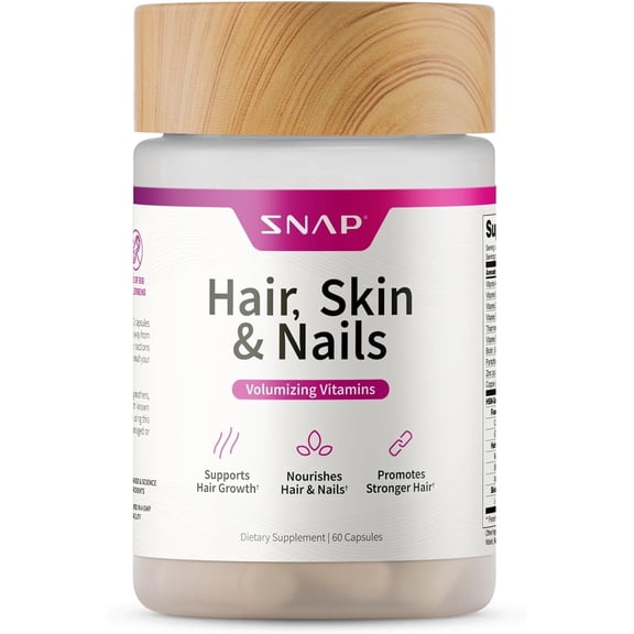 Snap Supplements Hair, Skin and Nails Support with Biotin and Collagen, 60 Capsules, Adult Dietary Supplement, Easy-to-Use Capsule Format, For supports healthy-looking hair, skin and nails