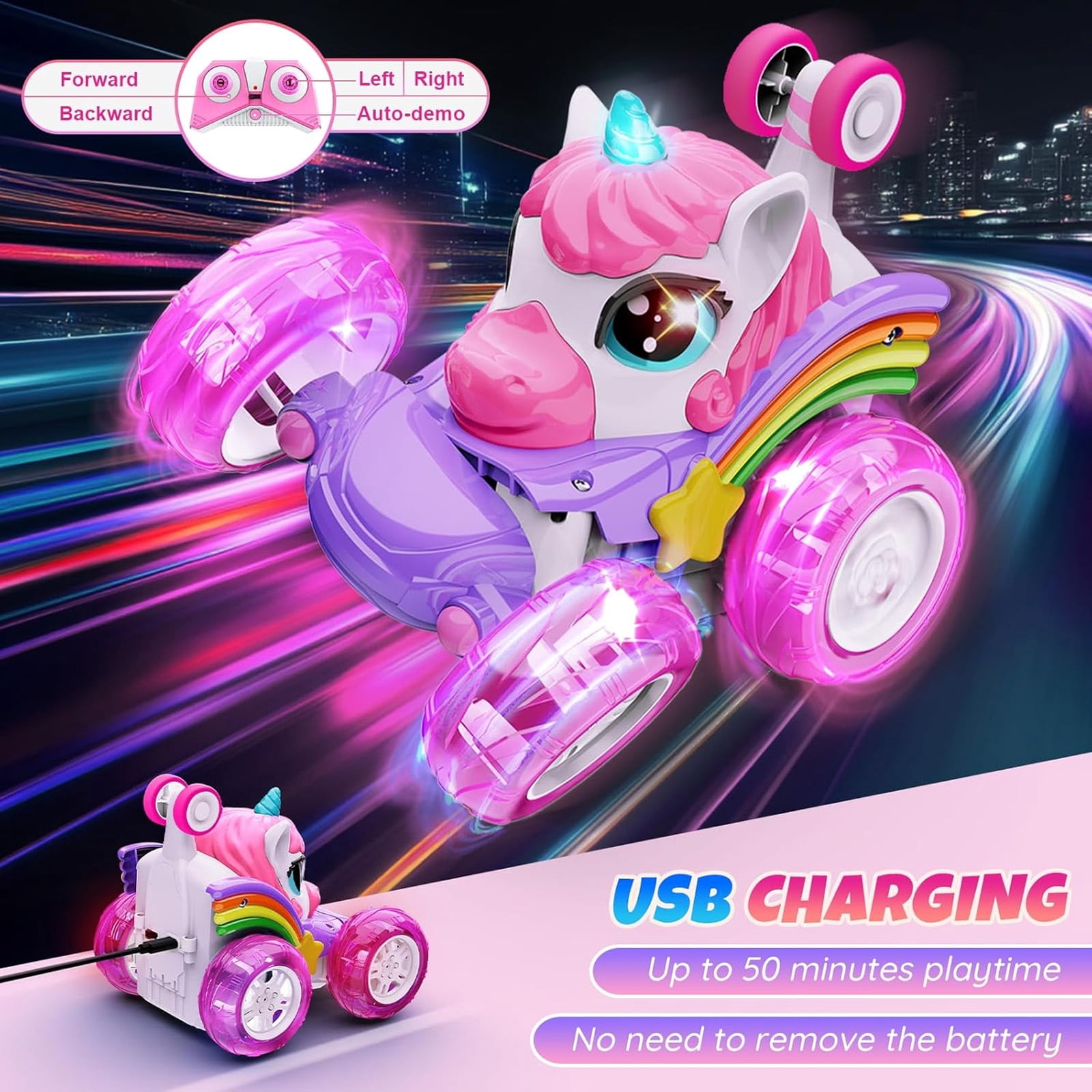 Annexfun Unicorn Toys, Remote Control Car for girls Age 3 4 5 6 - 360° Rotating Pink RC Stunt Cars for Kids, 2.4GHz Toy Car USB Direct Charging with LED Lights, Christmas Birthday Gift for Kids