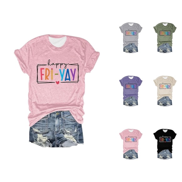 Happy Friday Teacher Tshirts for Women 2026 Summer Trendy Short Sleeve Crewneck Funny Friday Weekend Graphic Tees