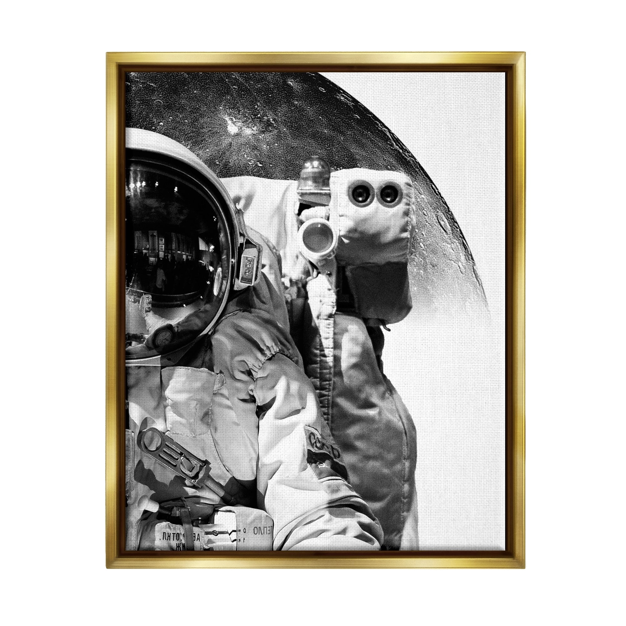 Stupell Industries Monochrome Astronaut Distant Planet Outer Space Photography Photograph Metallic Gold Floating Framed Canvas Print Wall Art, Design by Brandon Wong
