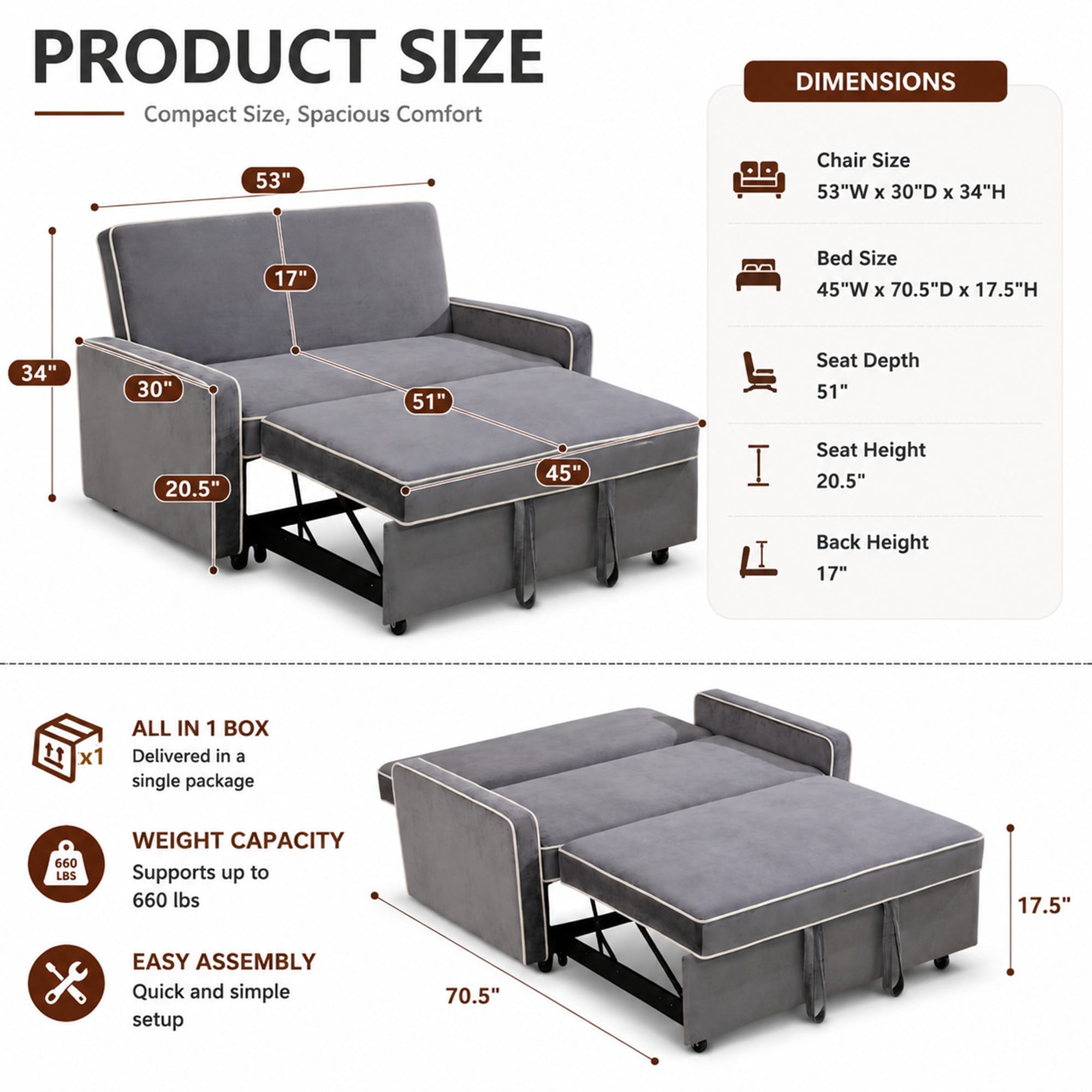Aukfa 53" Chaise Futon Convertible Sofa Bed Loveseat Sleeper, Full Size, Flannel, Gray