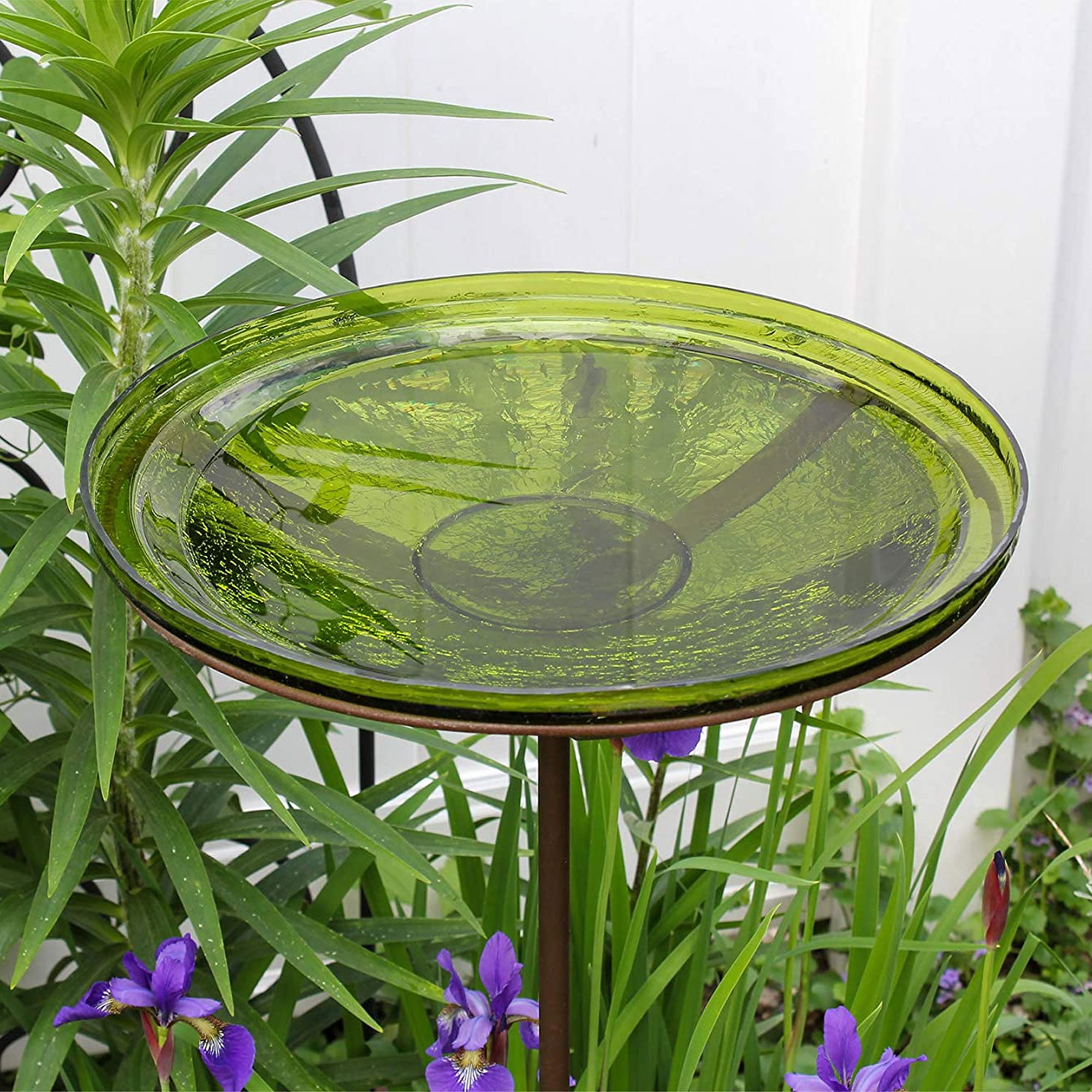 Achla Designs 14 In Hand Blown Crackle Glass Birdbath w/ Stake, Fern Green