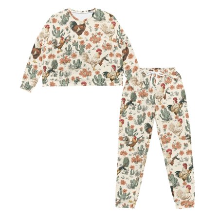 HELLHERO Rooster Printed Women s Pajama Sets Cactus Floral Printed Sleepwear Crewneck Loungewear Soft 2 Piece Pjs Set Long Sleeve Tops Jogger Pants Pajama Sets 2XL