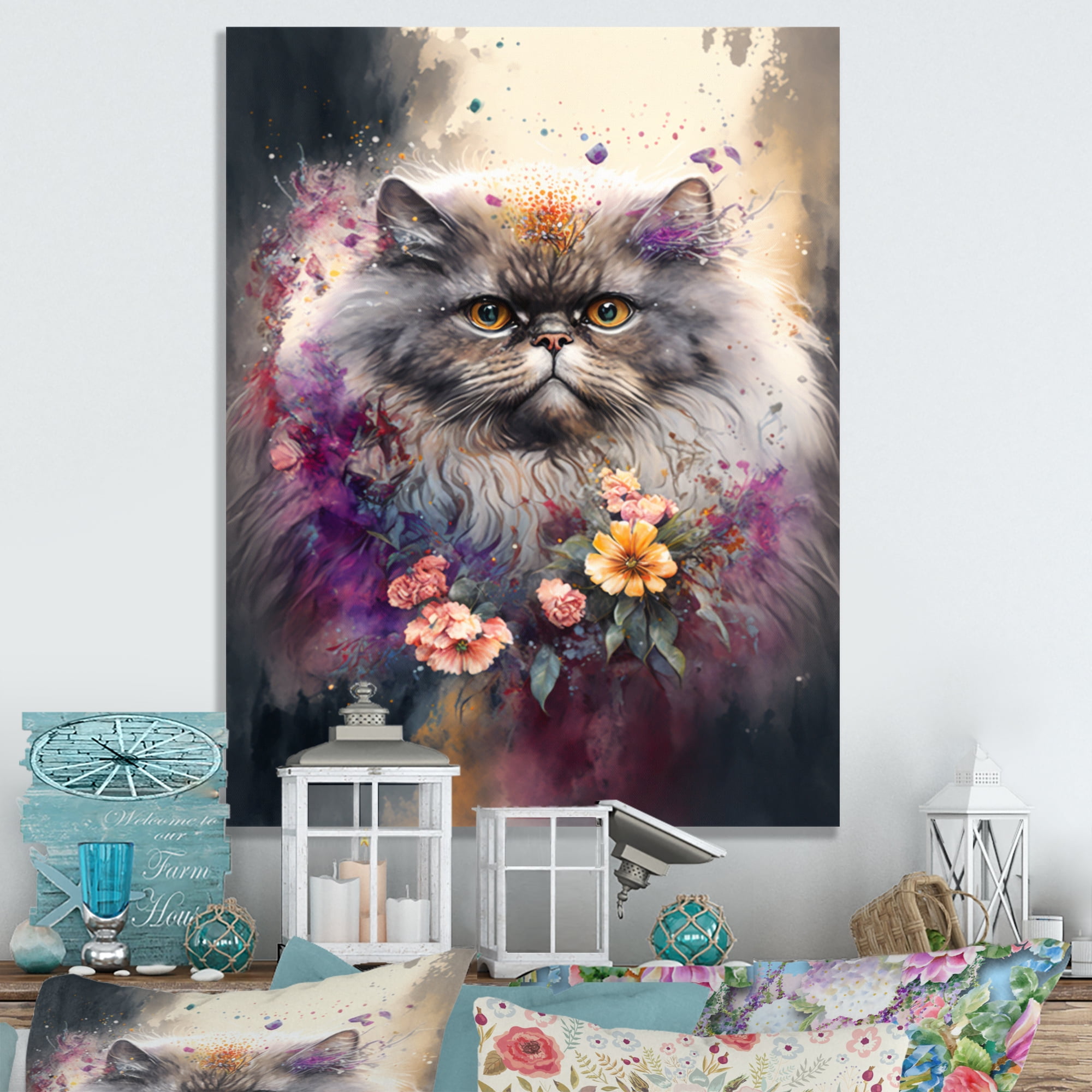 Designart Cute Persian Cat Floral Art I Canvas Wall Art