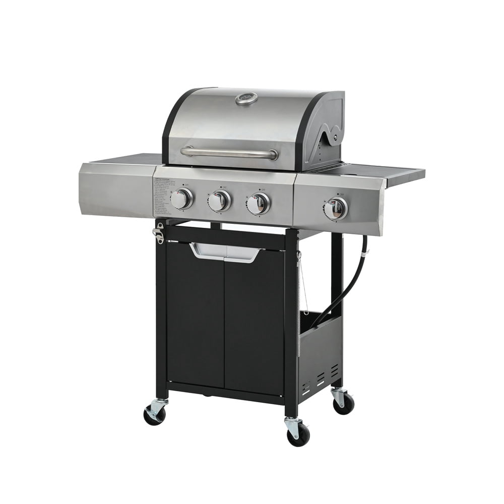 HighSound 3-Burner Propane Gas Grill with Side Burner & Waterproof Cover, 40500 BTU Output Stainless Steel Grill for Outdoor Cooking Kitchen and Patio Backyard Barbecue, Black & Silver