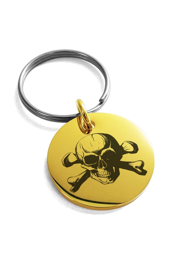 Stainless Steel Iconic Pirate Crossbones Skull Engraved Small Medallion Circle Charm Keychain Keyring