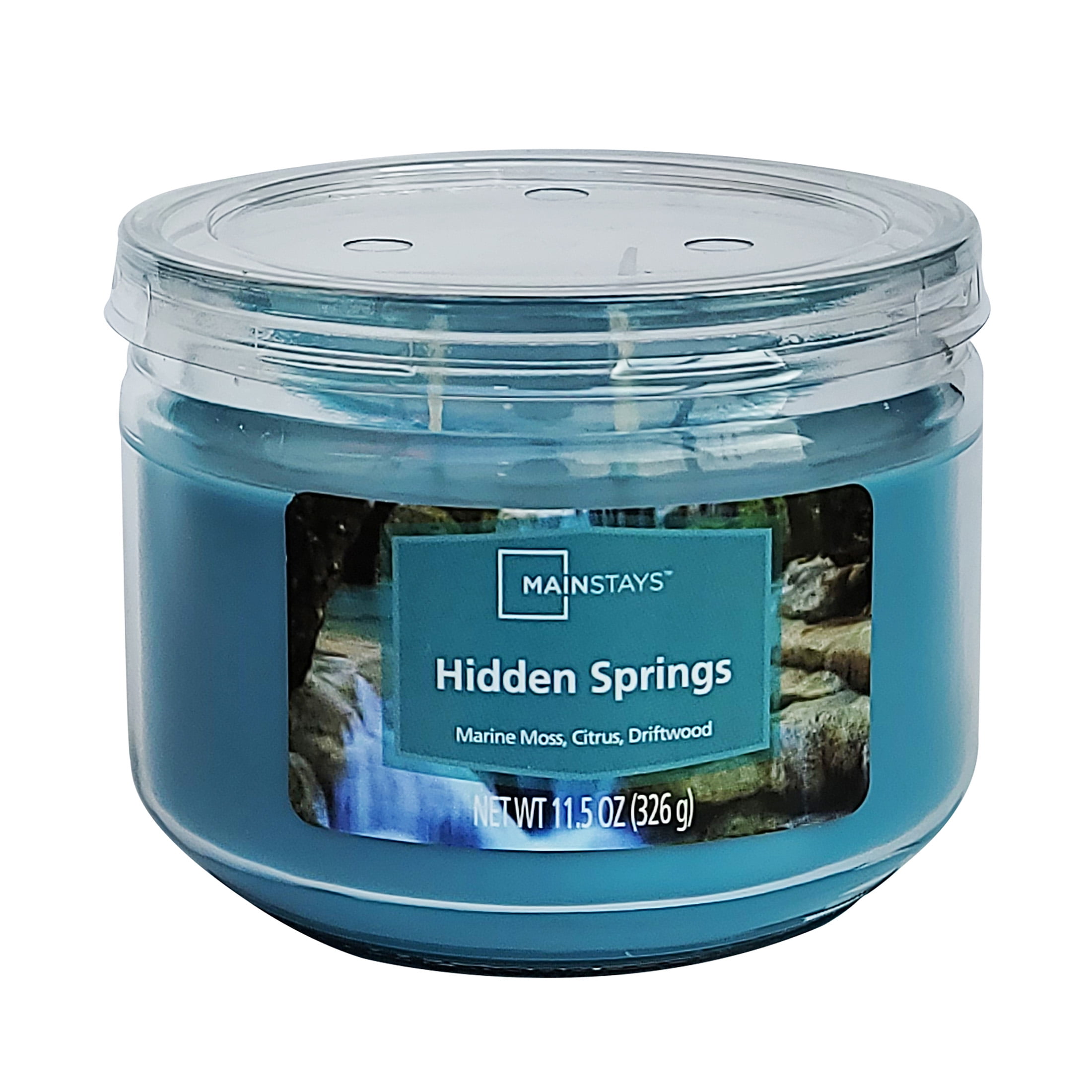 Mainstays 3-Wick Glass Jar Candle, Hidden Springs, Blue, 11.5 oz