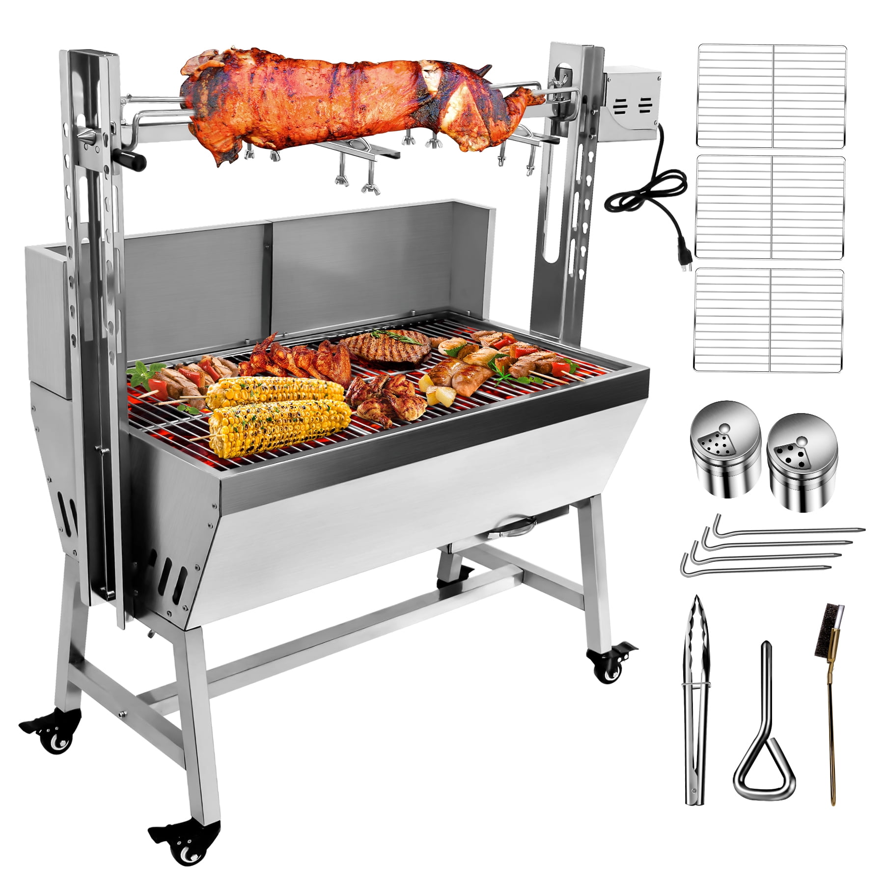 RIGMEC 25W Electric Grill, 132Lbs Stainless Steel Rotisserie, Portable Roasting Machine with Wheels, Motor & Wind Baffle for Pig, Chicken and Lamb Barbecue