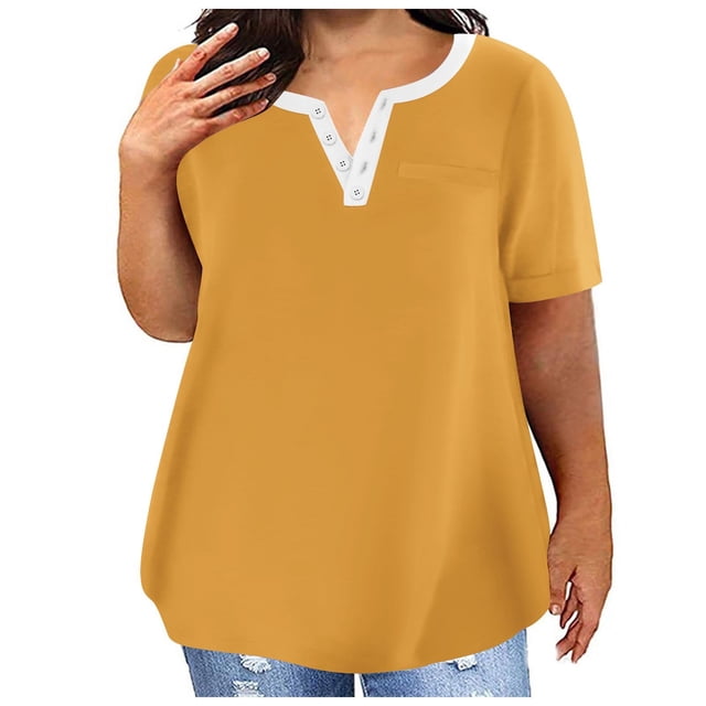Yuyuzo Plus Size Tops for Women Notch V Neck Solid Color T Shirts Short Sleeve Basic Tees with Pocket