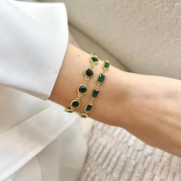 crystal bracelet,emerald bracelet, 14k gold plated charm bracelet, gemstone chain bracelet, dainty gold bracelet, gift for her