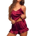 thumbnail image 2 of Womens pajama sets Women Casual Sleepwear V Neck Solid Color Camisole Top Ruffle Shorts Pajama Set Home Set M, 2 of 7