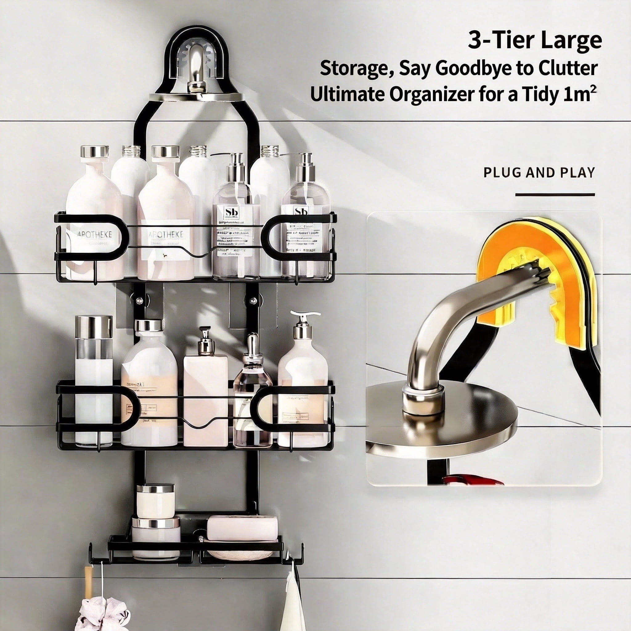 Charcrocsm Shower Caddy, Rustproof Aluminum Bathroom Shelf Rack, Large Shampoo & Soap Holder for Corner or Over-The-Showerhead Installation