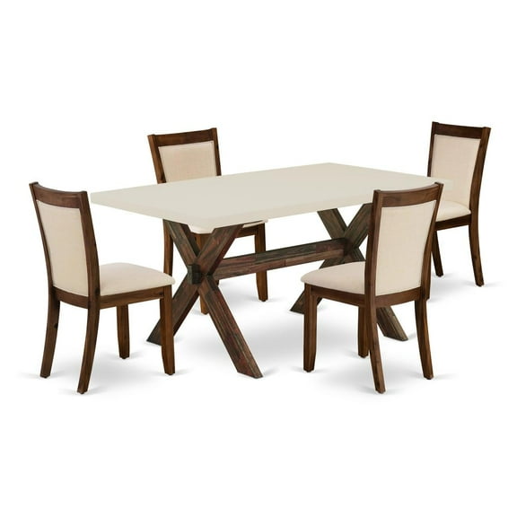 East West Furniture 5-Piece Dining Room Set Contains a Dinning Table and 4 Light Beige Linen Fabric Upholstered Chairs with Stylish Back - Distressed Jacobean Finish