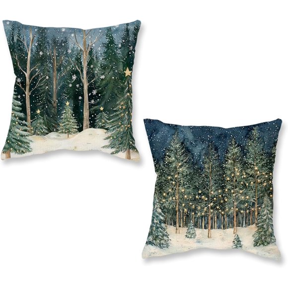 linely Christmas Pillow Covers 22"x22"" Set of 2 Winter Forest Snowy Night Throw Pillow Cases Holiday Cushion Covers with Christmas Tree Lights Rustic Farmhouse Decor for Sofa Couch Home