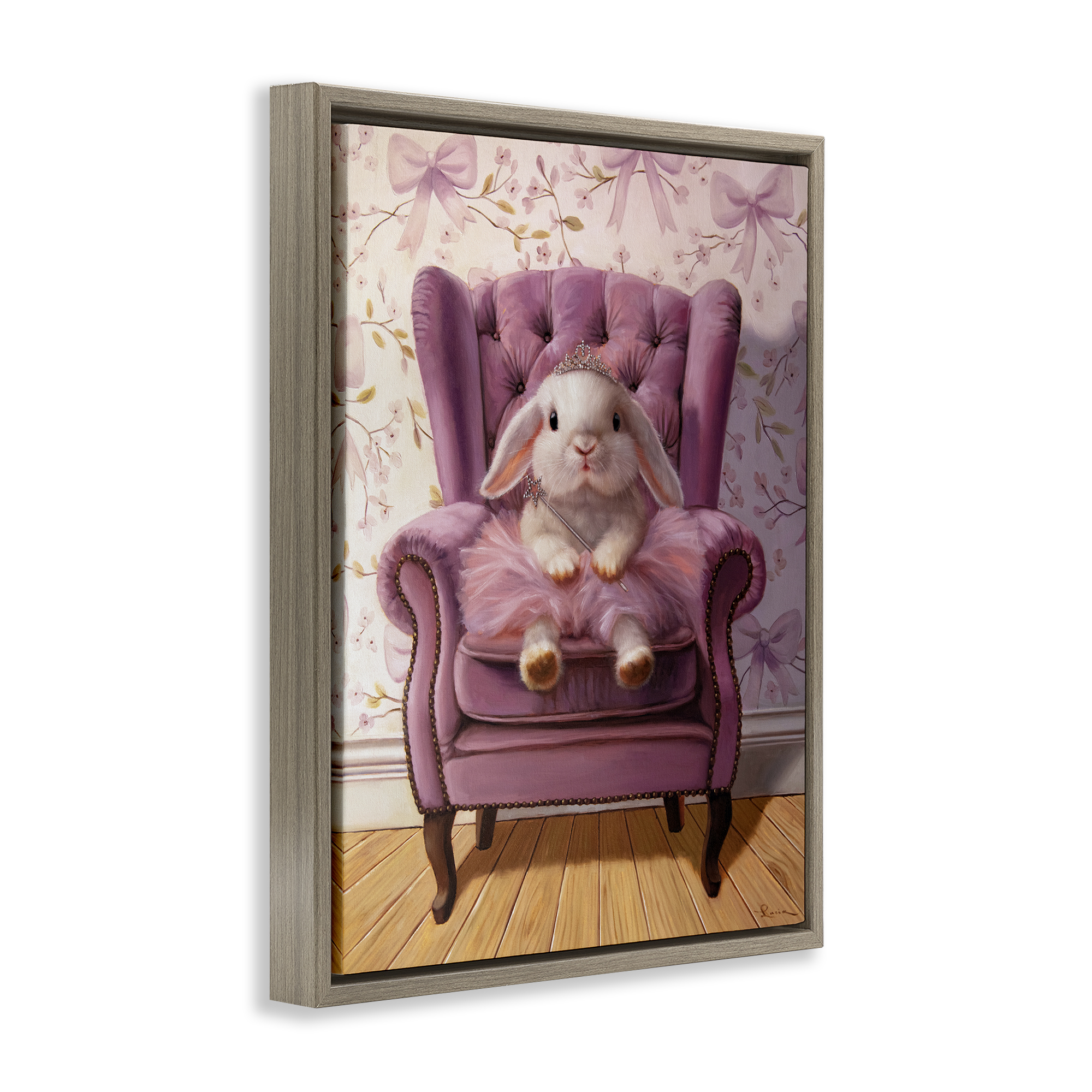 Pink Princess Tutu Bunny Brown Framed Floater Canvas Wall Art, design by Lucia Heffernan