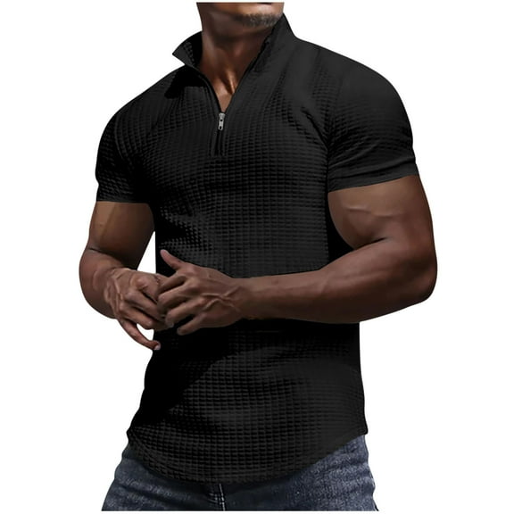 Men's Zippered Small Square Shirt Short Sleeve Slim Casual Top Summer Fashion Golf T-Shirt