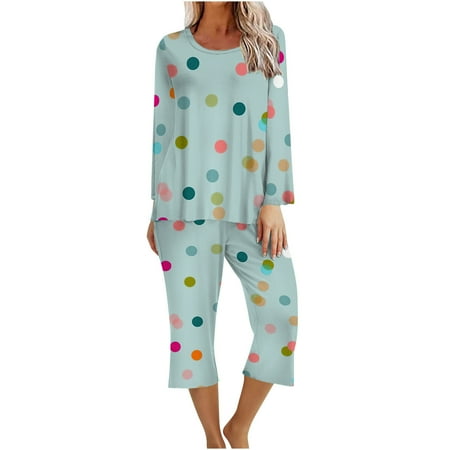 

oieyuz Pajama Sets for Women Soft Long Sleeve Crew Neck Tops Comfy Cropped Pants Trendy Printed Pajamas