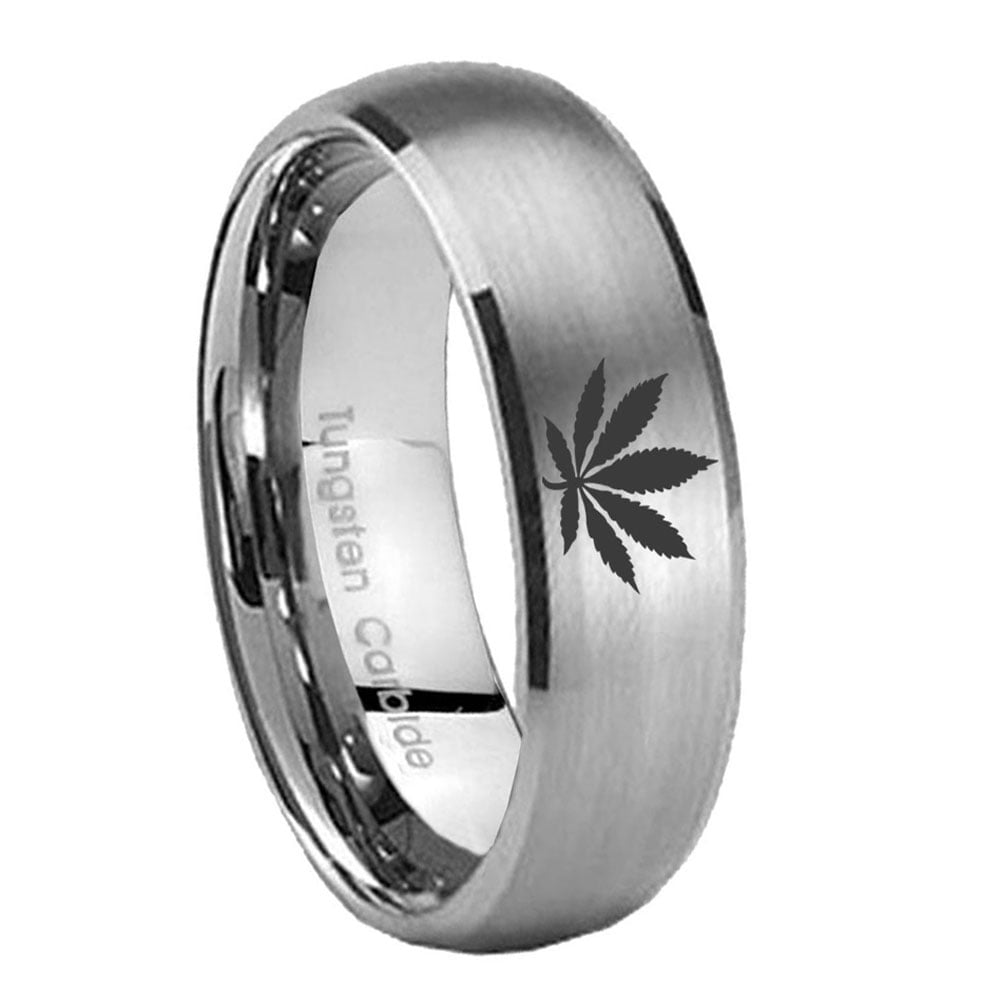 RATUNGSTEN Tungsten Marijuana Cannabis Leaf Ring, 8mm Brushed Black
