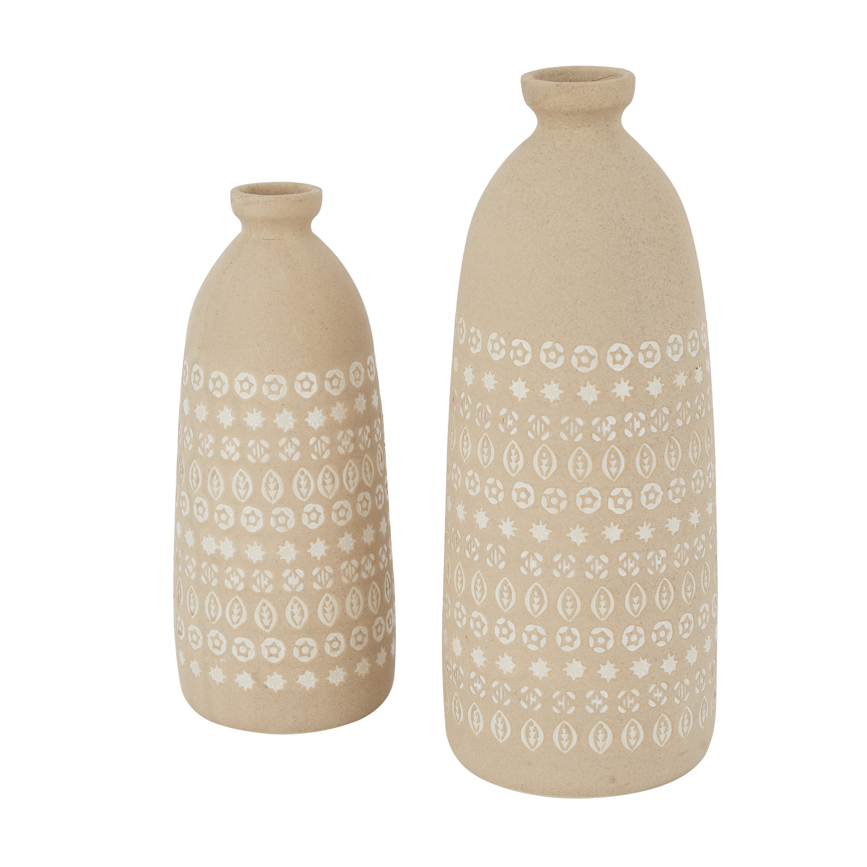 DecMode 15", 12"H Handmade Beige Ceramic Vase with Star Patterns, Set of 2