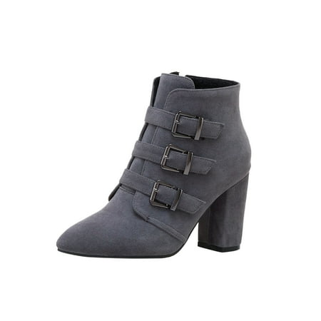 

Paiwinds Boots for Women Women High Heel Shoes Winter Warm Fashion Zip Pointed Toe Casual Solid Color Belt Buckle Ankle Boots Gray