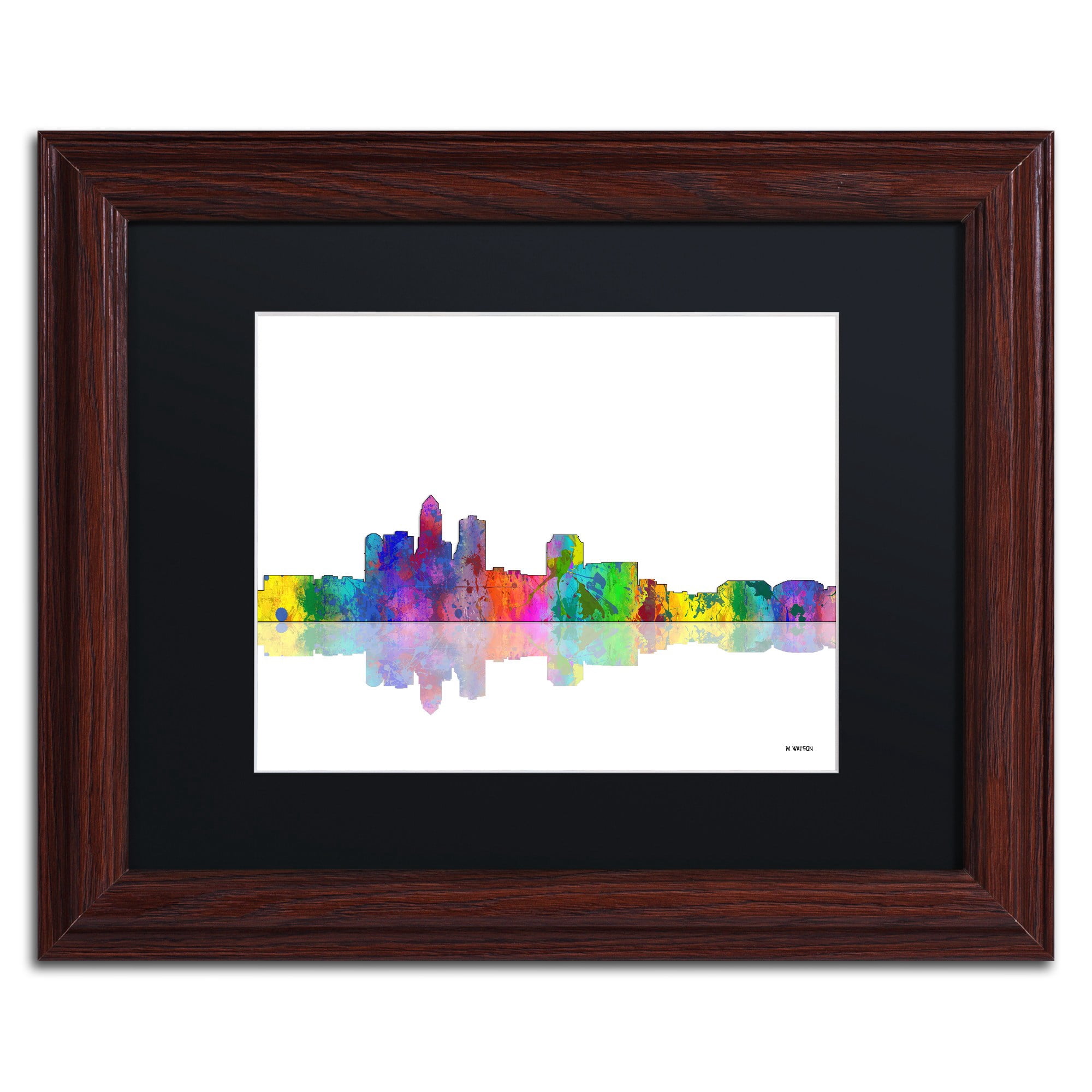 Trademark Fine Art "Des Moines Iowa Skyline" Canvas Art by Marlene Watson Black Mat, Wood Frame