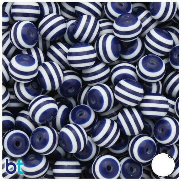 BeadTin Dark Blue & White Striped 12mm Round Resin Beads (50pcs)