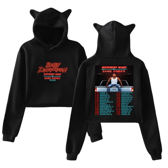 Bailey Zimmerman Different Night Same Rodeo Tour 2026 Hoodie Cat Ears Long Sleeve Crop Top Women's Clothes