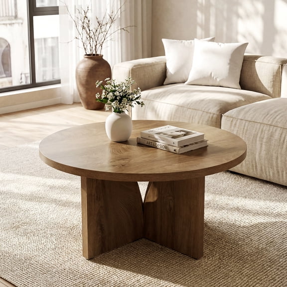 Finmind Round Coffee Table, 31.5-inch Farmhouse Wooden Center Table with Sturdy Base for Living Room, Apartment, Office, Light Brown